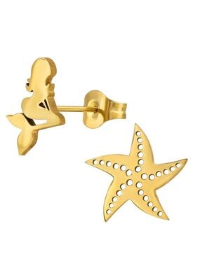 Gold Stainless Steel Starfish and Mermaid Earrings